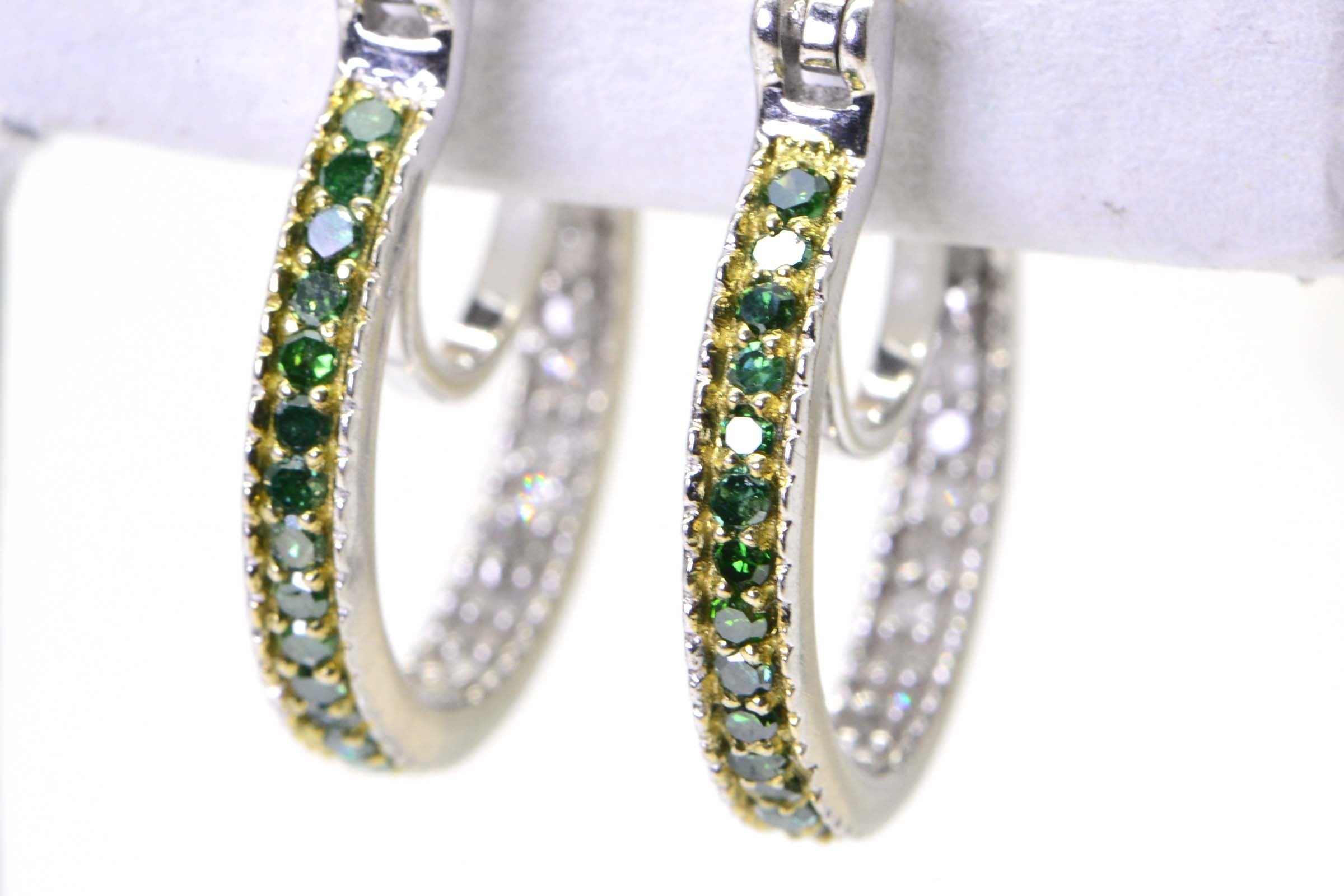 Green & White Diamond Hoop Earrings: Sterling Silver, 0.25 ct