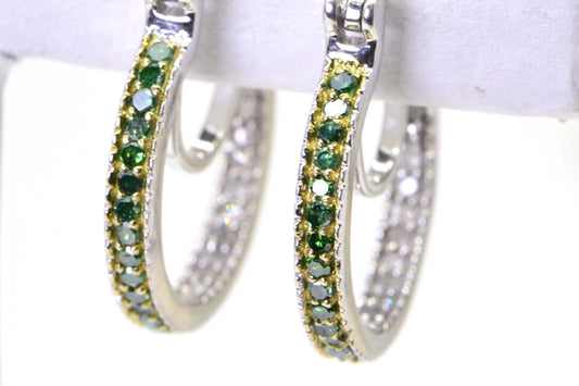 Green & White Diamond Hoop Earrings: Sterling Silver, 0.25 ct