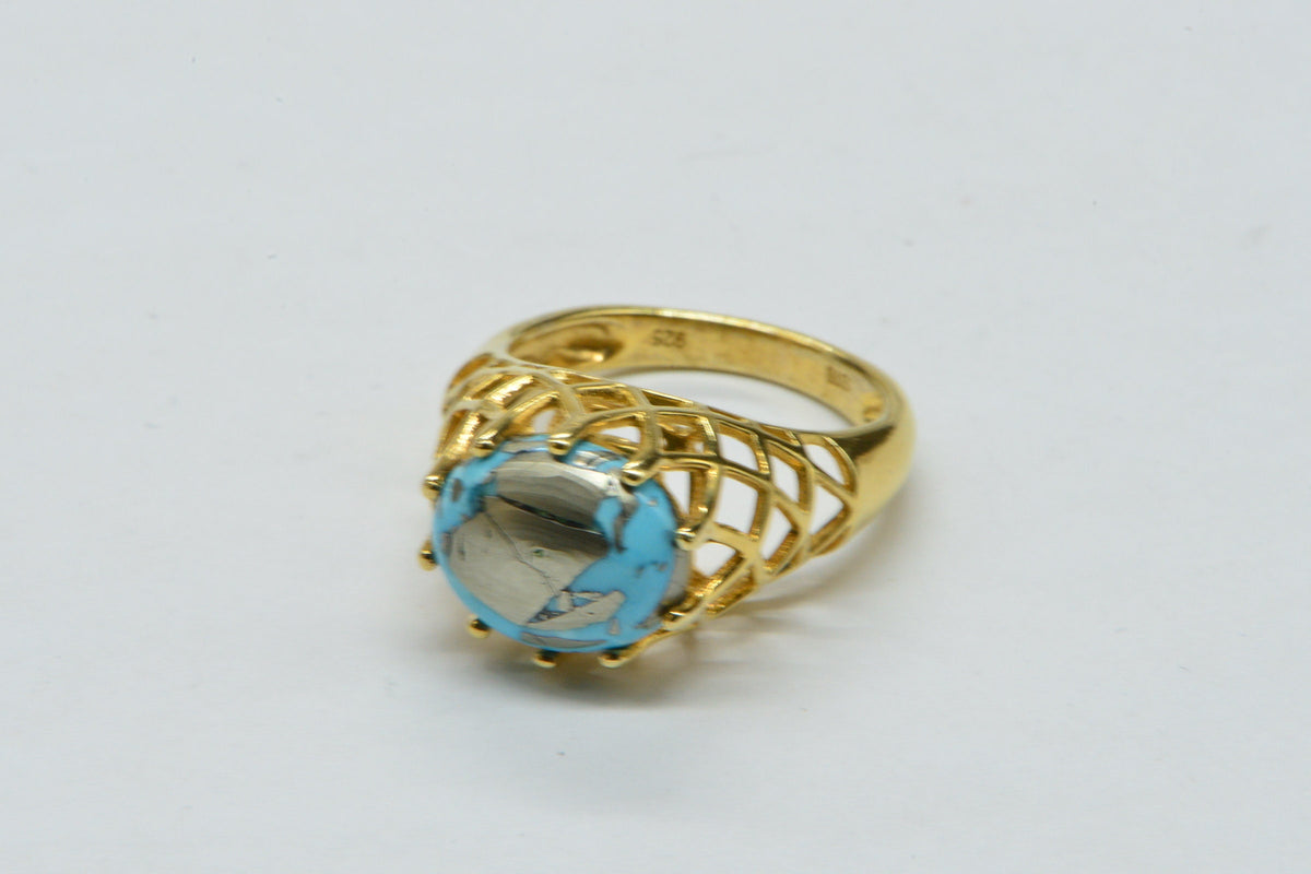 Turquoise Sleeping Beauty With Pyrite 14K yellow gold over sterling silver Rare Gemstone Ring