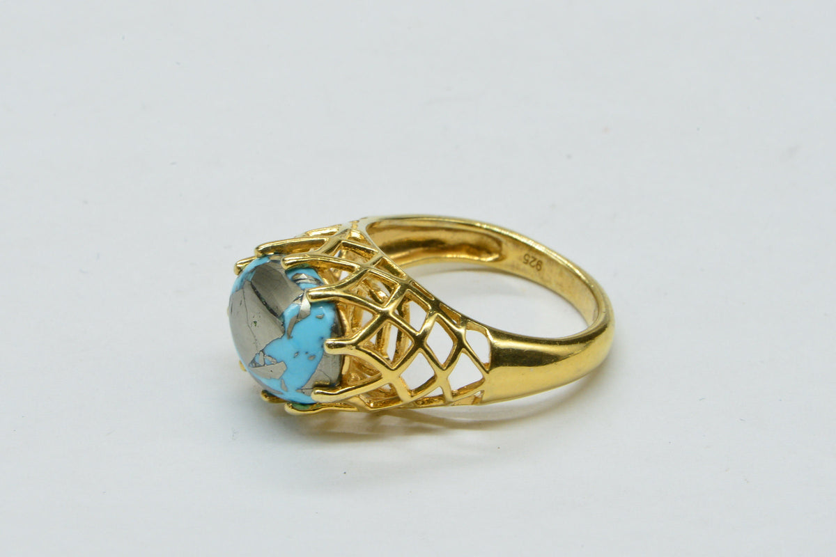 Turquoise Sleeping Beauty With Pyrite 14K yellow gold over sterling silver Rare Gemstone Ring
