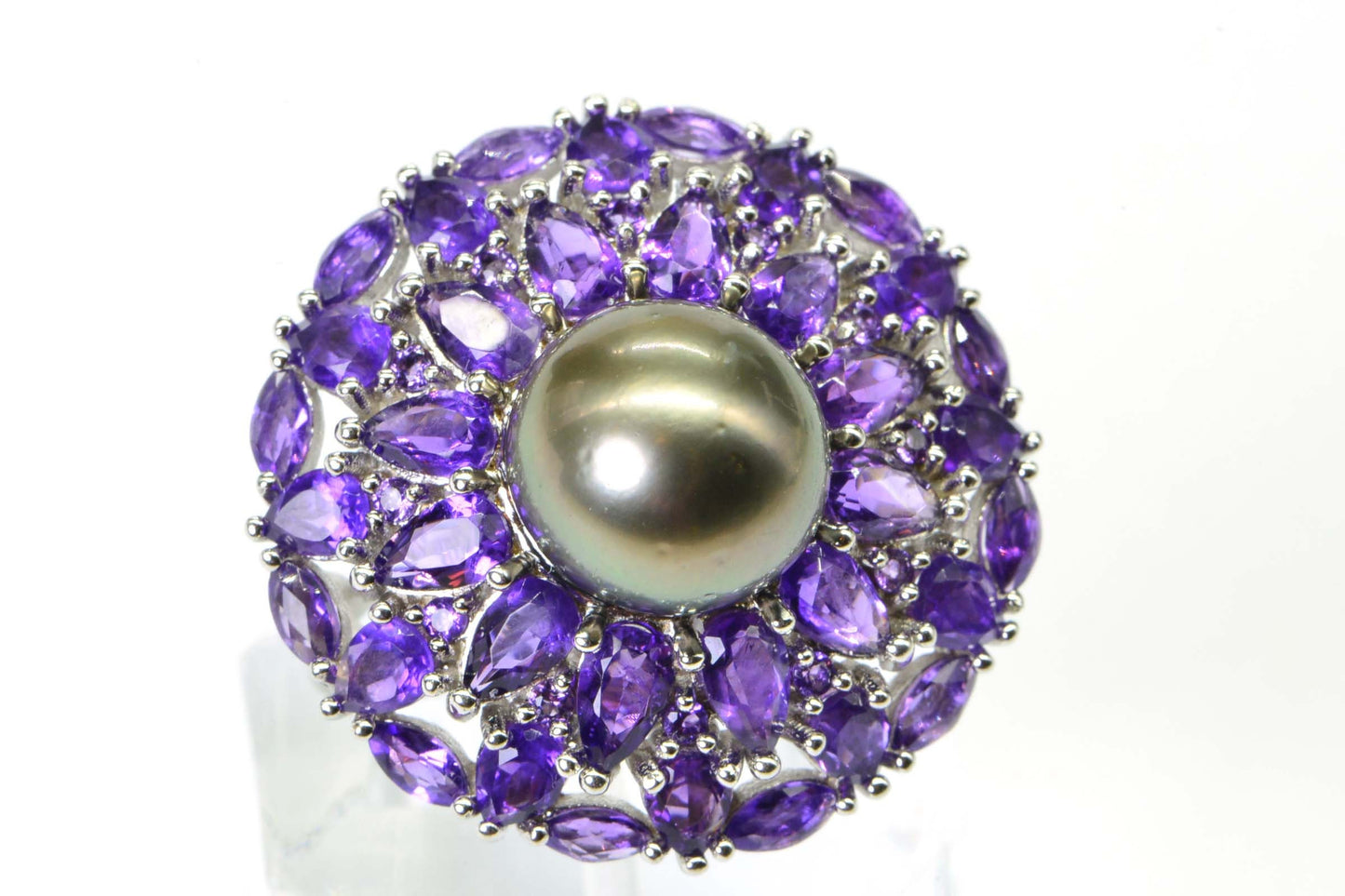 Tahitian Black Pearl Multi Rows Amethyst Halo Style  Sterling Silver Ring Fancy Basket Ring