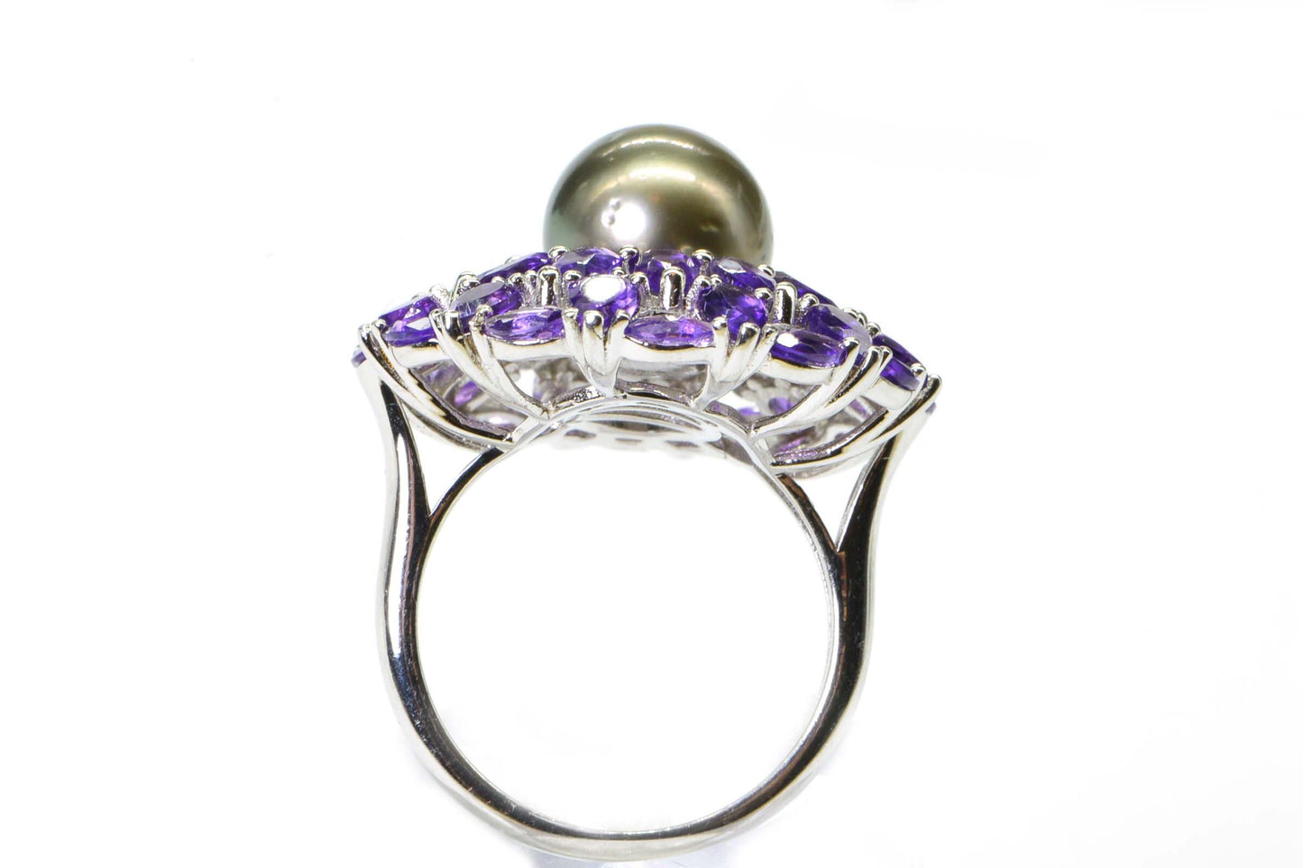 Tahitian Black Pearl Multi Rows Amethyst Halo Style  Sterling Silver Ring Fancy Basket Ring