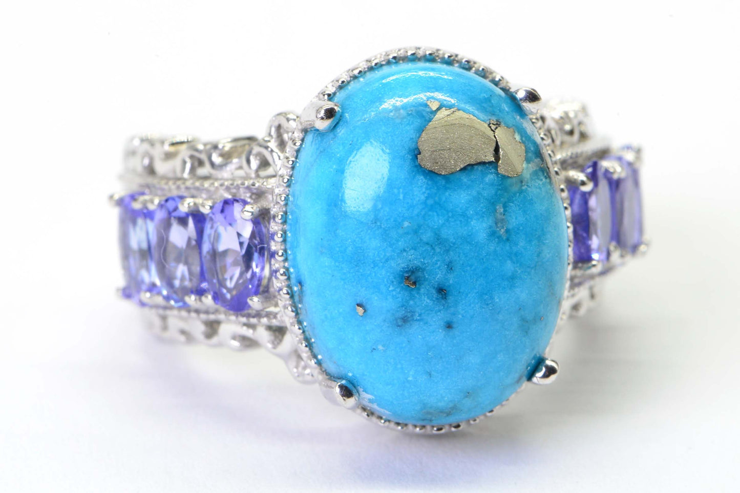 Sleeping Beauty Turquoise Ring, Tanzanite Sterling Silver Filigree Design