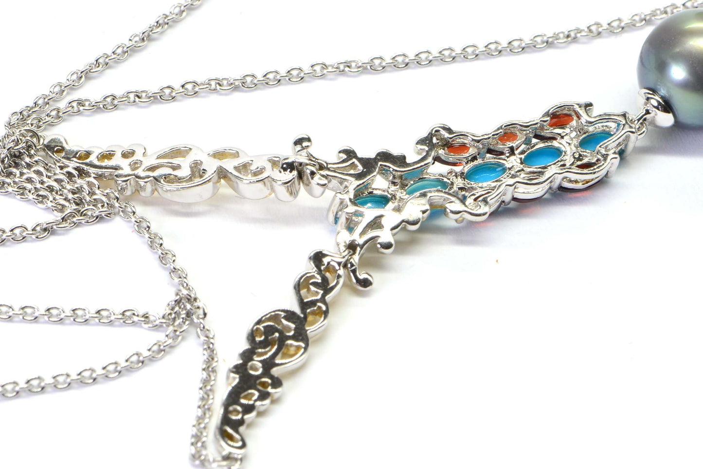 Tahitian Cultured Black Pearl Arizona Turquoise  Sleeping Beauty Garnet Multi Gemstone Necklace