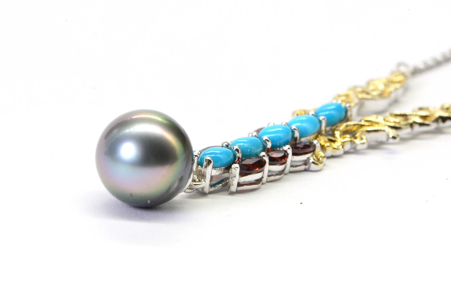 Tahitian Cultured Black Pearl Arizona Turquoise  Sleeping Beauty Garnet Multi Gemstone Necklace