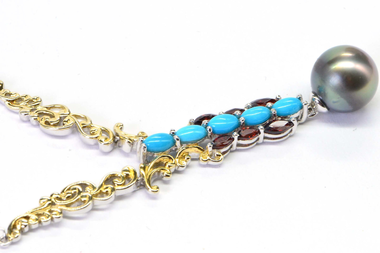 Tahitian Cultured Black Pearl Arizona Turquoise  Sleeping Beauty Garnet Multi Gemstone Necklace