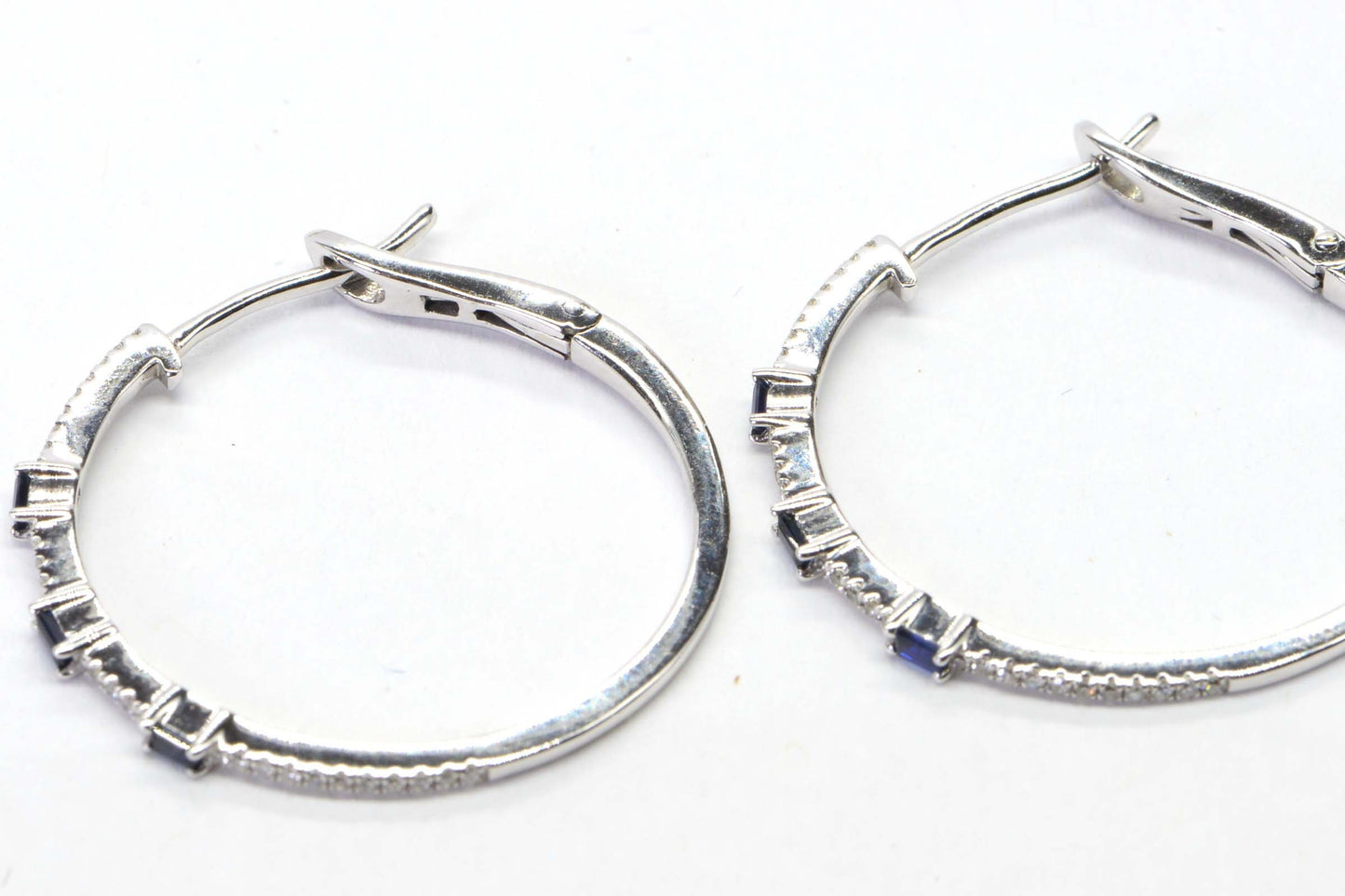 Sapphire Diamond Hoop Earrings, 14K White Gold Lever Back