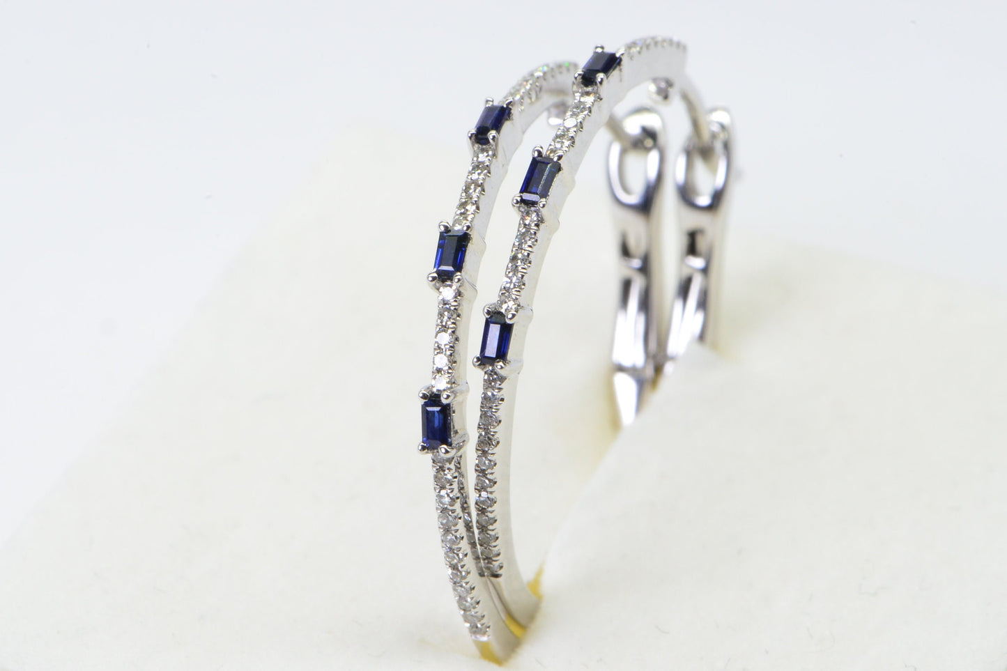 Sapphire Diamond Hoop Earrings, 14K White Gold Lever Back