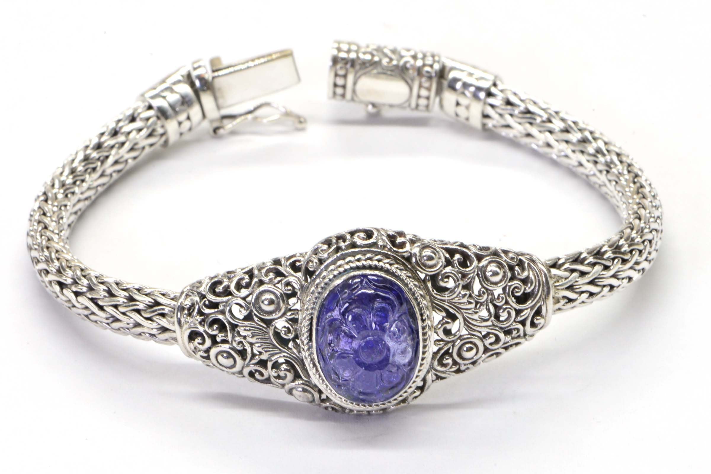 Tanzanite Flower Bracelet: Sterling Silver Filigree, Estate Jewelry