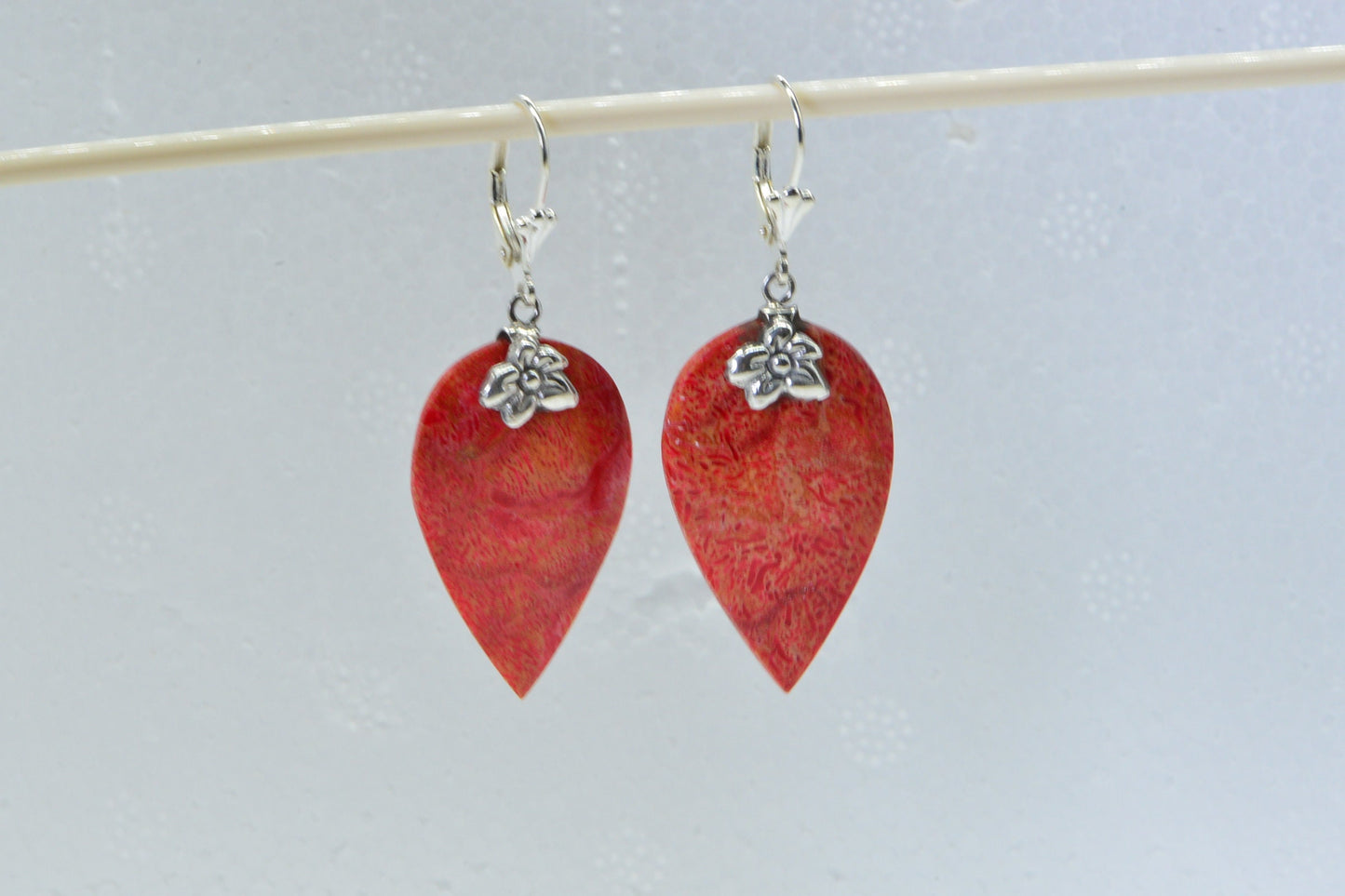 Coral Red Leaf Earrings, Sterling Silver Flower Design