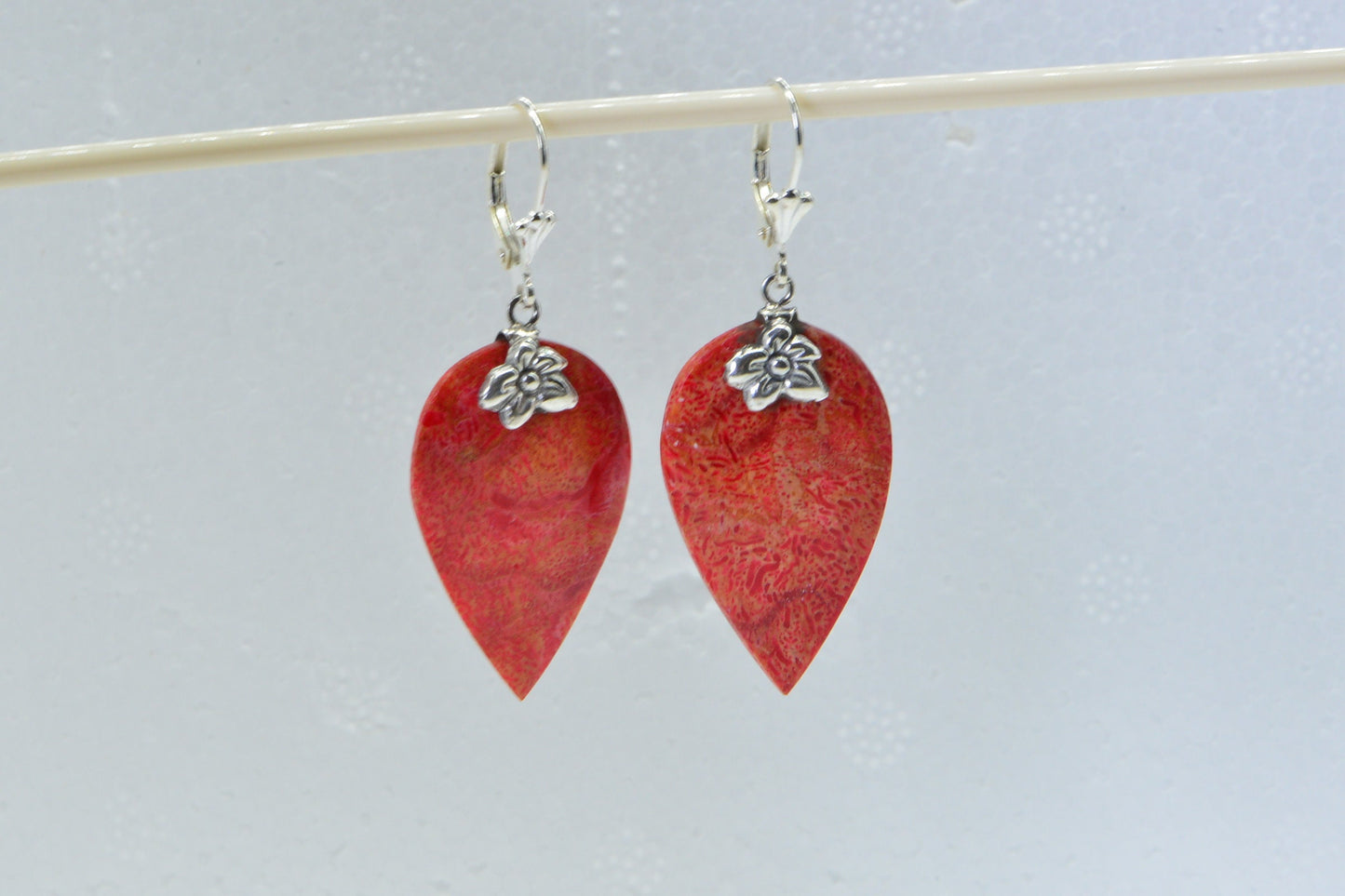 Coral Red Leaf Earrings, Sterling Silver Flower Design