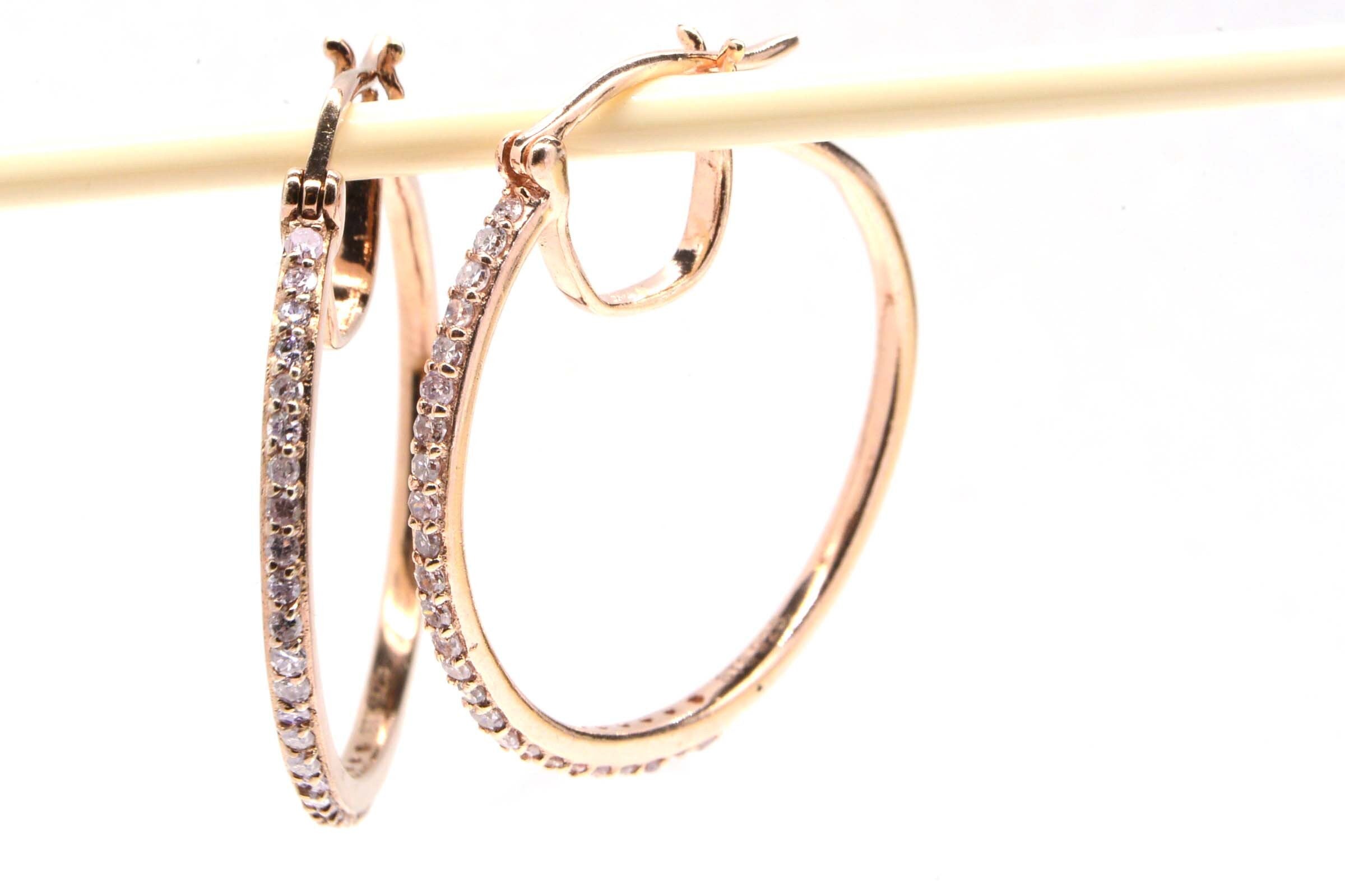 White Genuine Diamond Hoop Earrings Medium Post Hinge Rose Gold Over  Sterling Silver