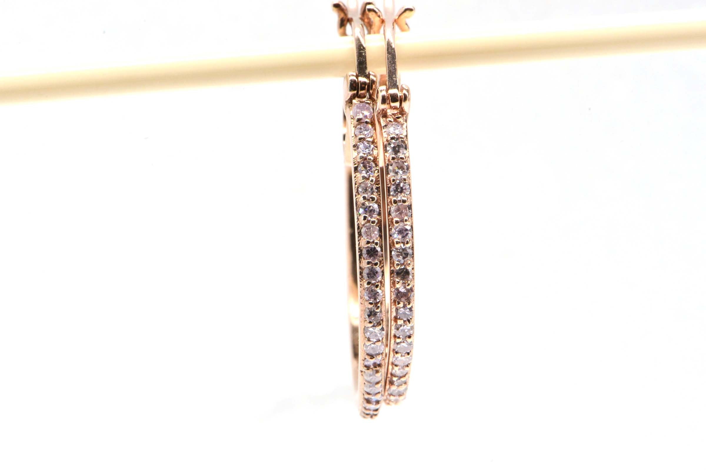 White Genuine Diamond Hoop Earrings Medium Post Hinge Rose Gold Over  Sterling Silver