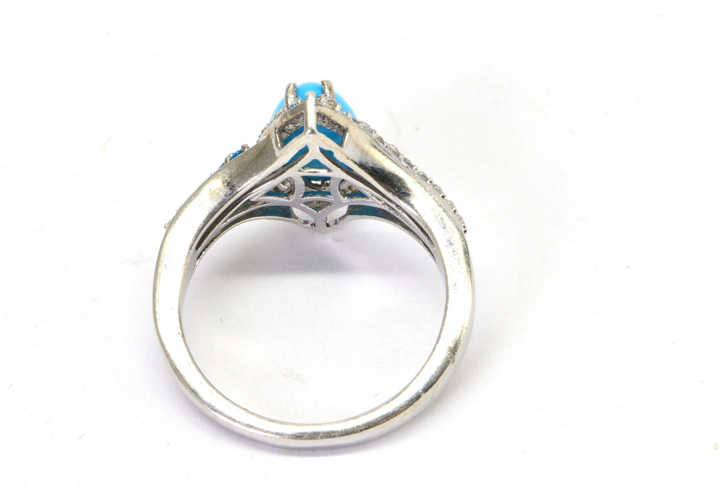 Sleeping Beauty Turquoise Ring, Marquise CZ Halo, Sterling Silver, Size 9