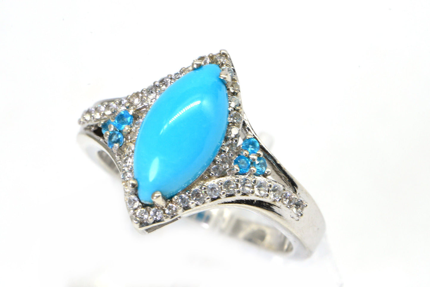 Sleeping Beauty Turquoise Ring, Marquise CZ Halo, Sterling Silver, Size 9