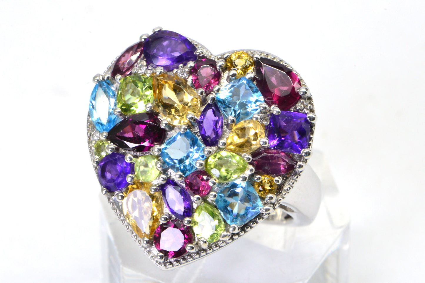 Sterling Silver Heart Ring with Multi Gemstone Cluster, Size 5