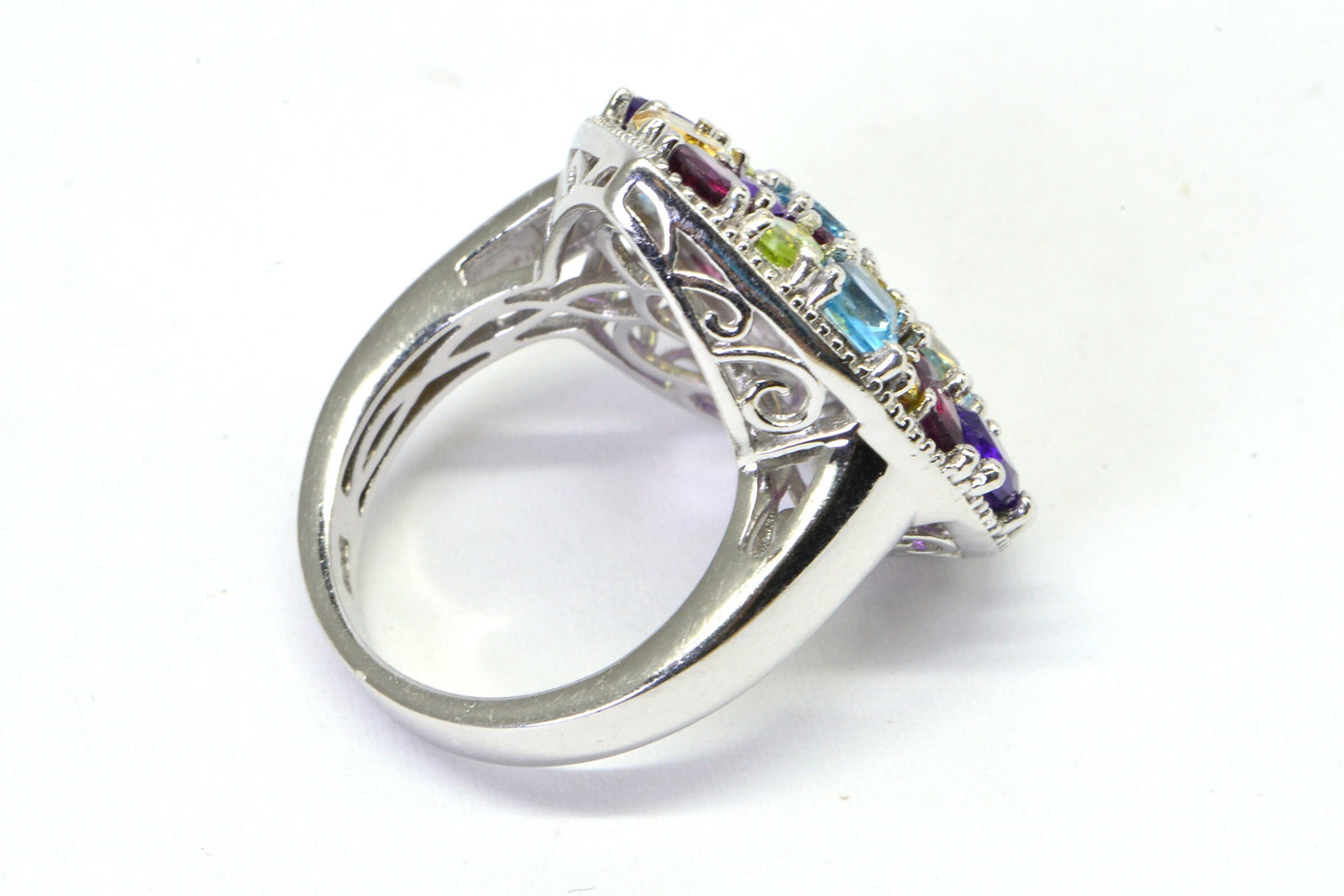 Sterling Silver Heart Ring with Multi Gemstone Cluster, Size 5
