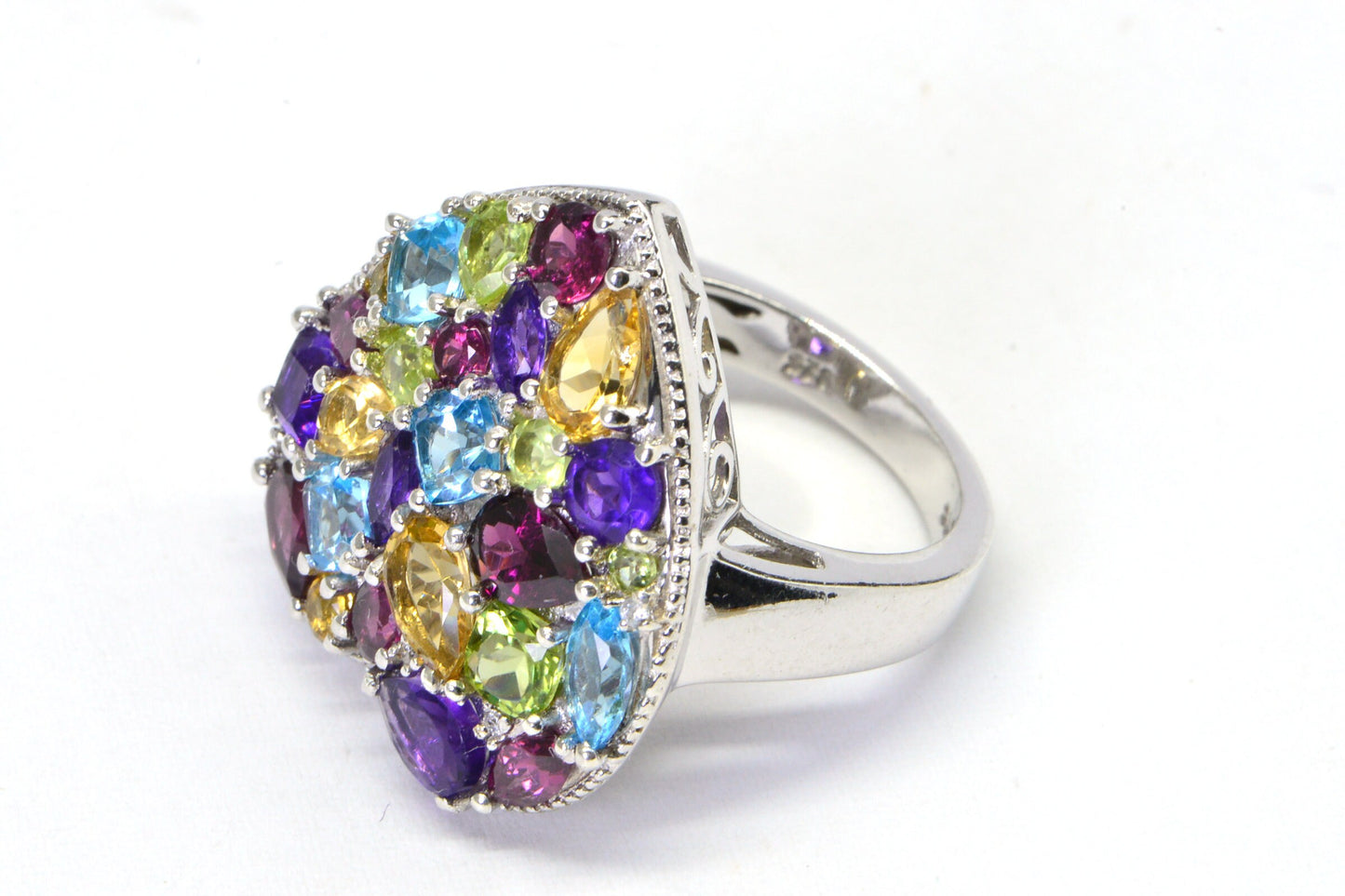 Sterling Silver Heart Ring with Multi Gemstone Cluster, Size 5
