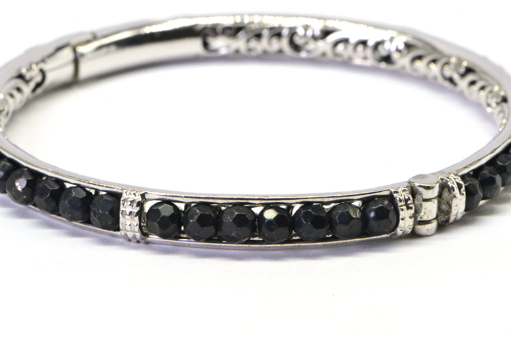 Black Onyx Beaded Bangle Bracelet Filigree Hoop Sterling Silver Cuff Bracelet