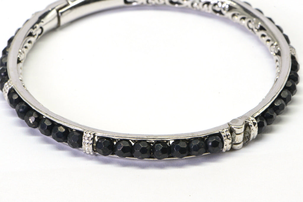 Black Onyx Beaded Bangle Bracelet Filigree Hoop Sterling Silver Cuff Bracelet