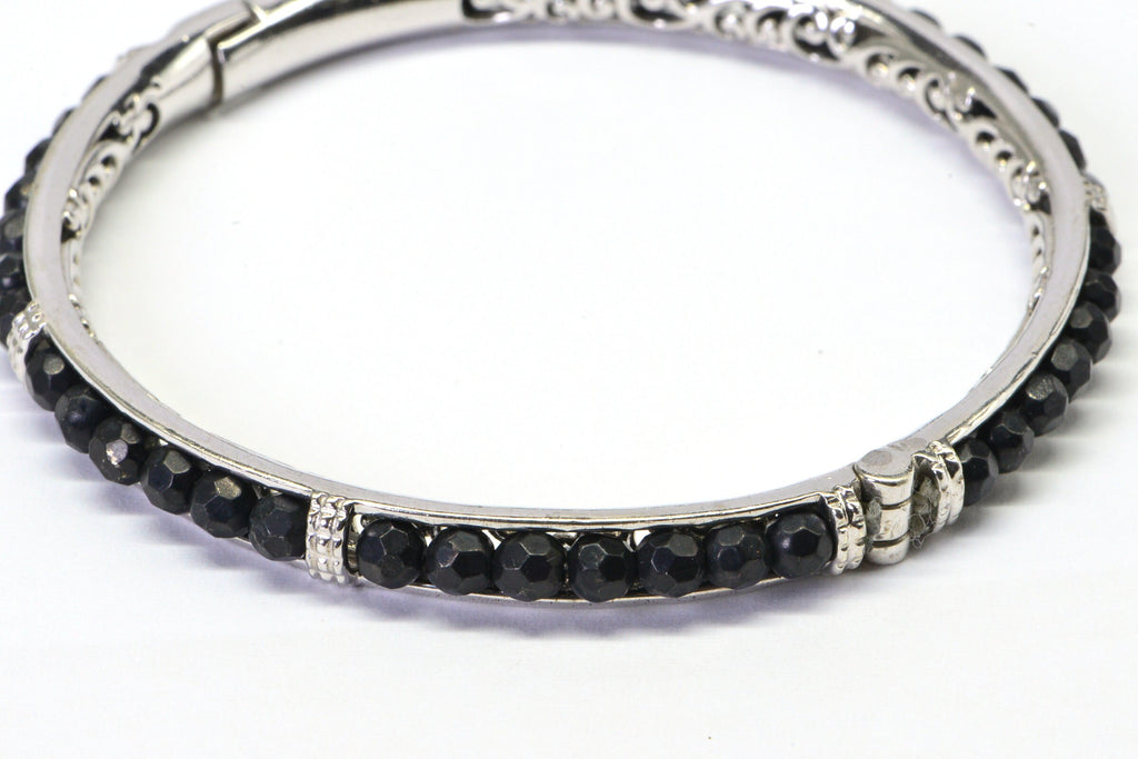 Black Onyx Beaded Bangle Bracelet Filigree Hoop Sterling Silver Cuff Bracelet