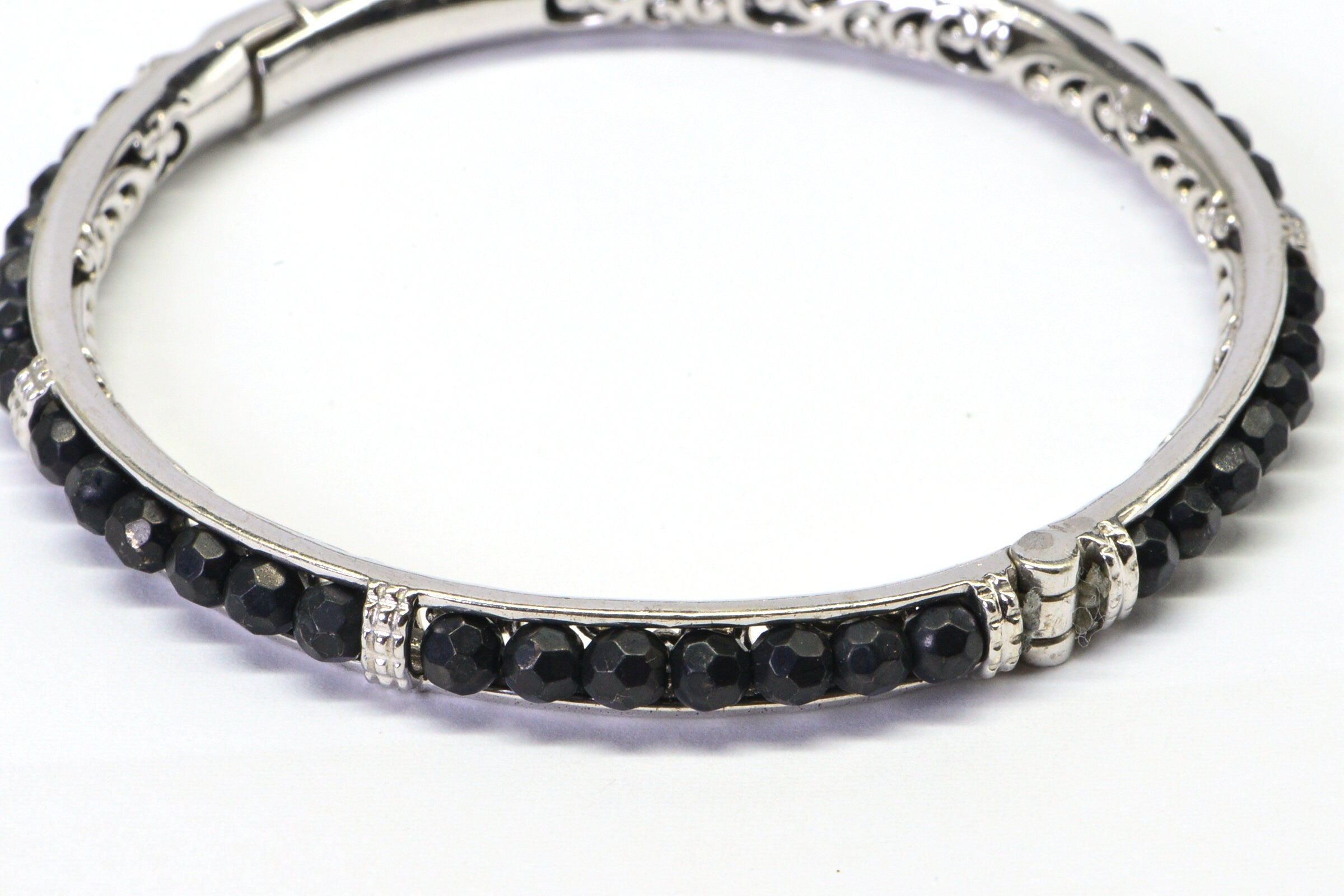 Black Onyx Beaded Bangle Bracelet Filigree Hoop Sterling Silver Cuff Bracelet