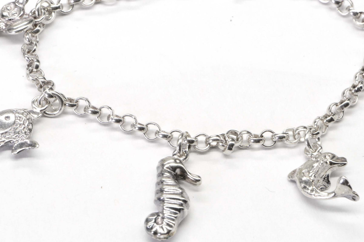 Sterling Silver Sea Animal Charm Bracelet, Rolo Chain