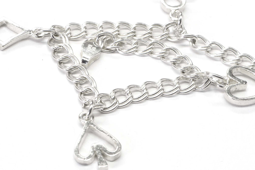 Playing Cards Symbols Charms Bracelet  Sterling Silver Cuban double Chain Bracelet