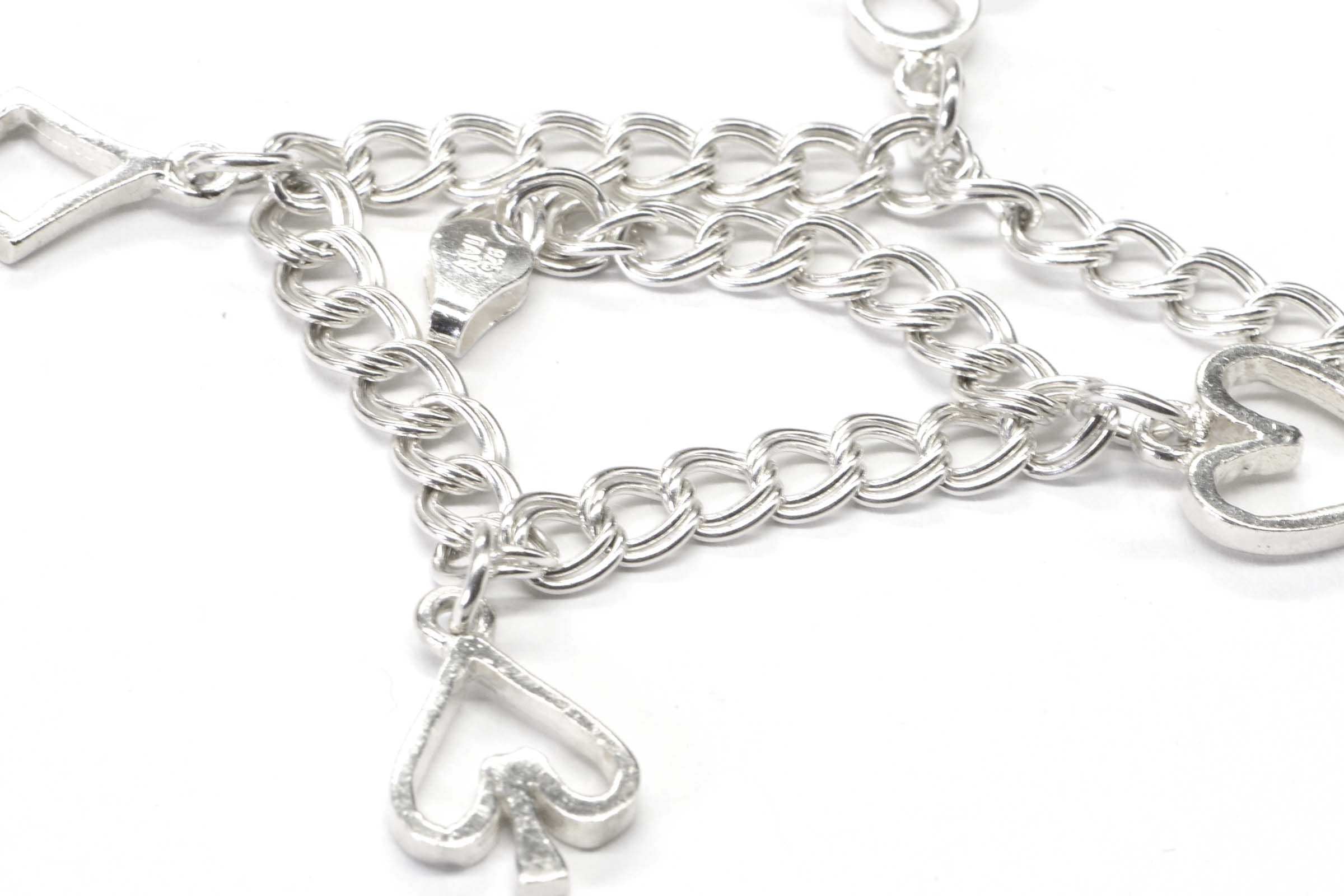 Playing Cards Symbols Charms Bracelet  Sterling Silver Cuban double Chain Bracelet