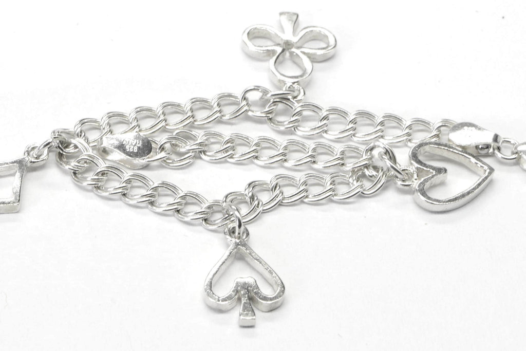Playing Cards Symbols Charms Bracelet  Sterling Silver Cuban double Chain Bracelet