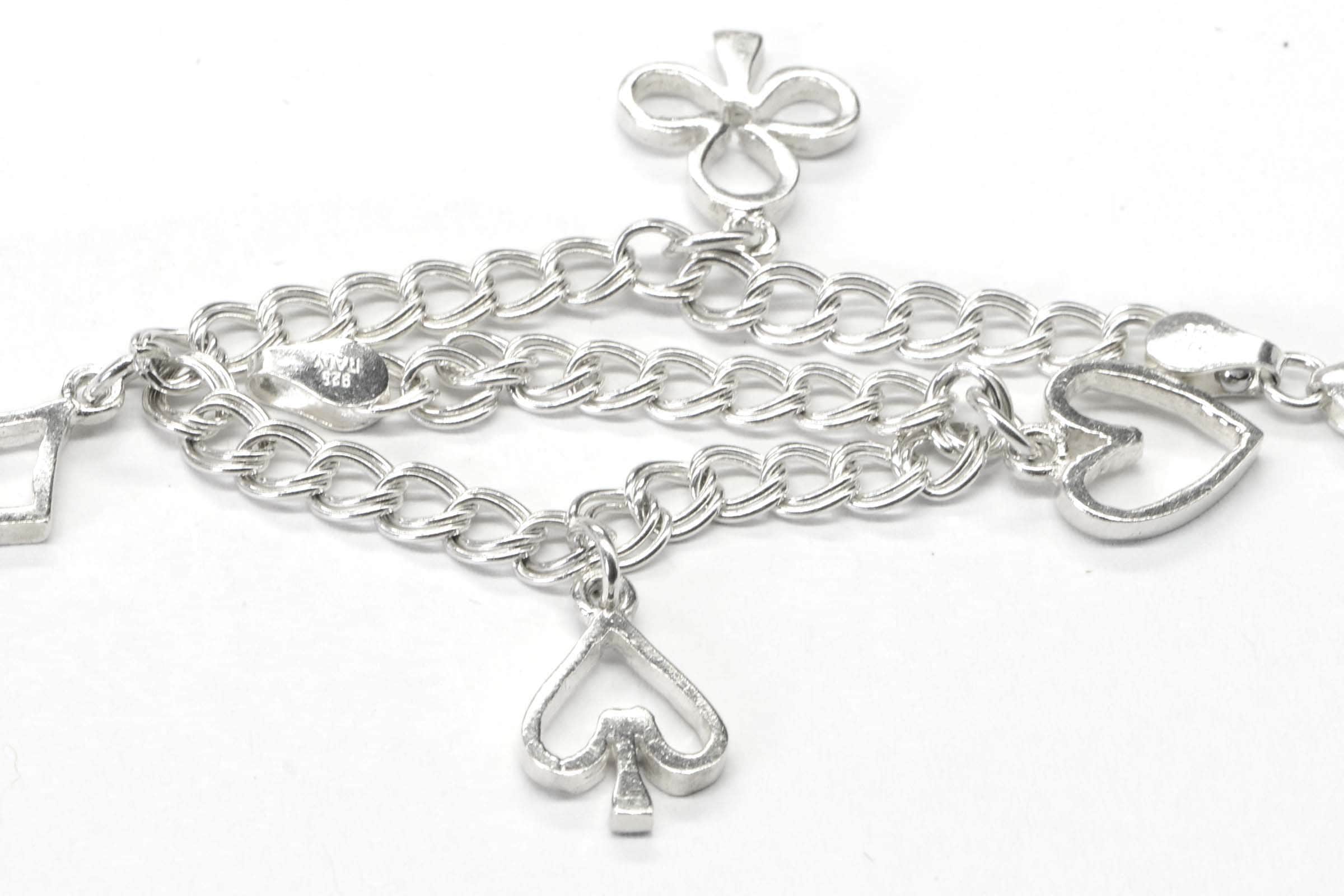 Playing Cards Symbols Charms Bracelet  Sterling Silver Cuban double Chain Bracelet