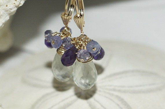 Green Amethyst Tanzanite Earrings: 14K Gold Chandelier Earrings