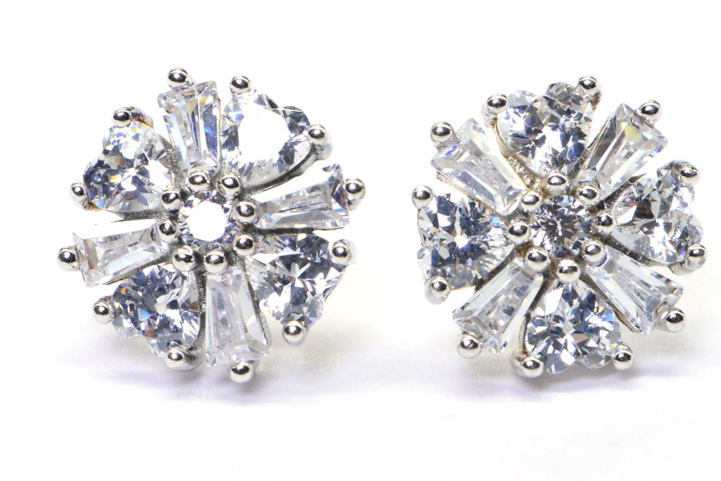 Baguette Zircon Flower Stud Earrings: Sterling Silver Multi Stone