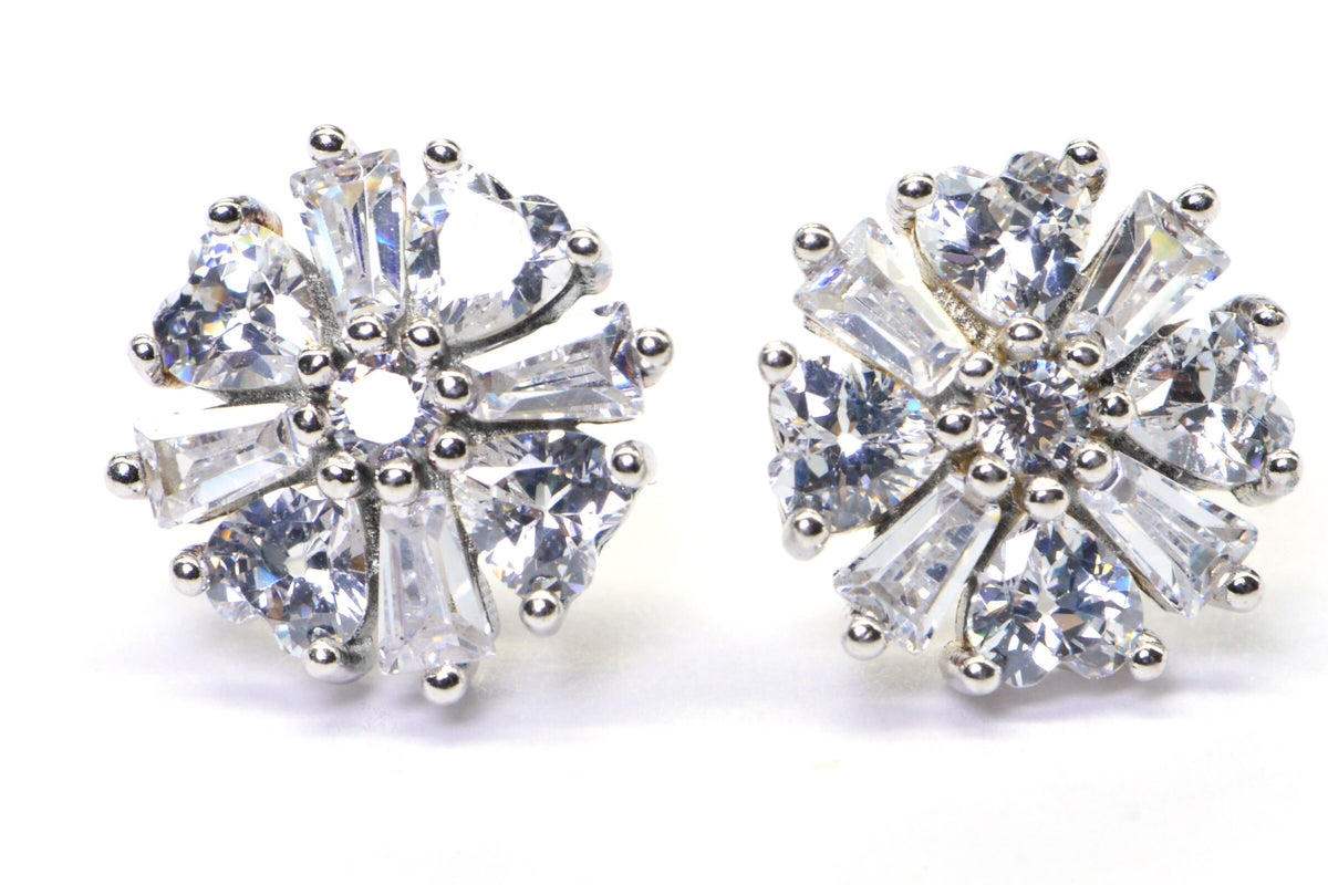Baguette Zircon Flower Stud Earrings: Sterling Silver Multi Stone