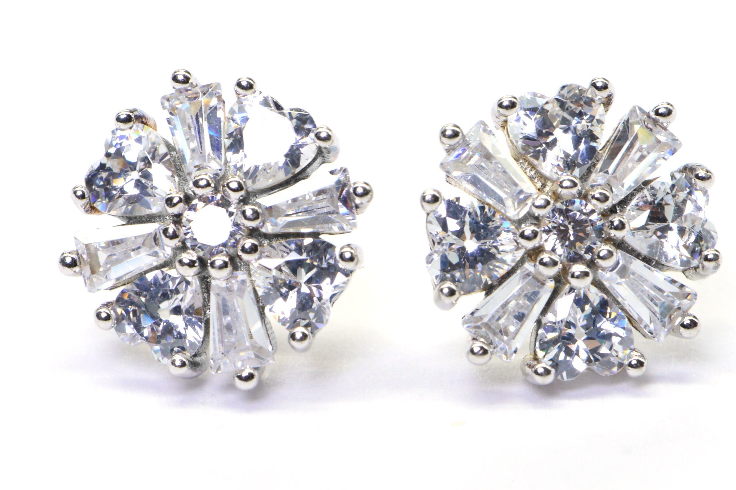 Baguette Zircon Flower Stud Earrings: Sterling Silver Multi Stone