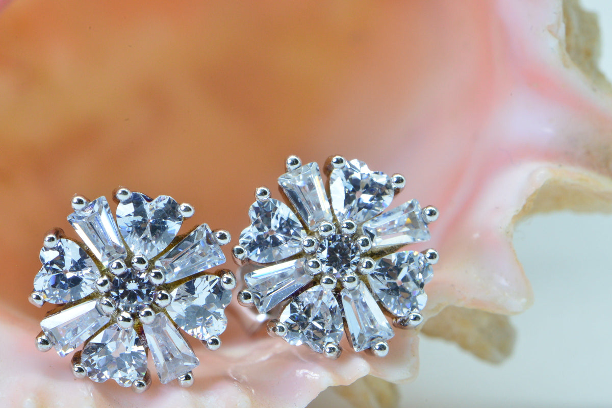 Baguette Zircon Flower Stud Earrings: Sterling Silver Multi Stone