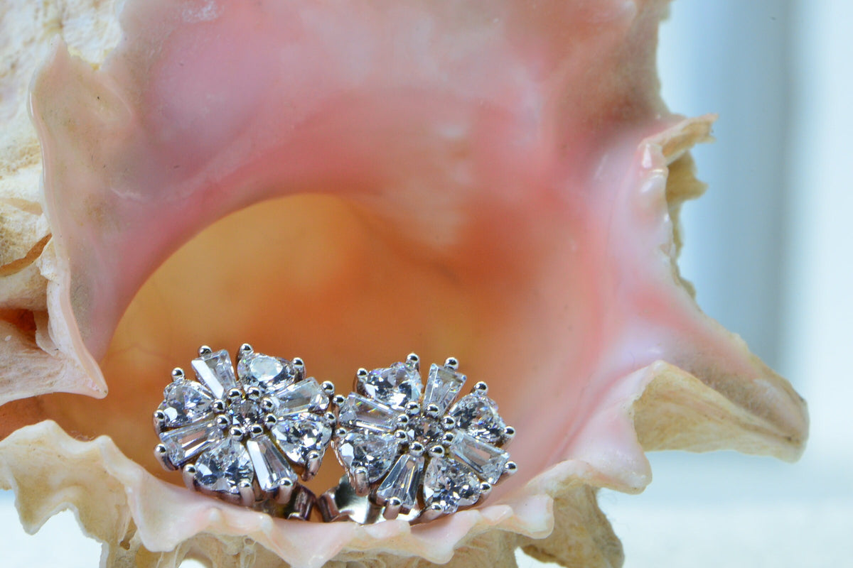 Baguette Zircon Flower Stud Earrings: Sterling Silver Multi Stone