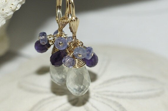 Green Amethyst Tanzanite Earrings: 14K Gold Chandelier Earrings