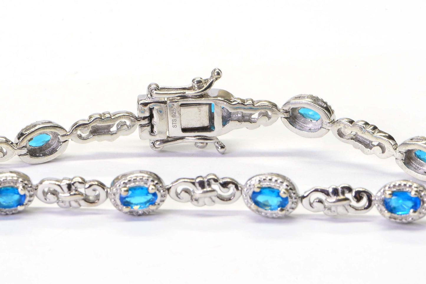 Neon Blue Apatite Sterling Silver Tennis Bracelet Chain Link  Gemstone Bracelet Vintage Jewelry