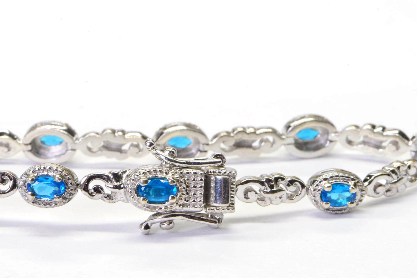 Neon Blue Apatite Sterling Silver Tennis Bracelet Chain Link  Gemstone Bracelet Vintage Jewelry