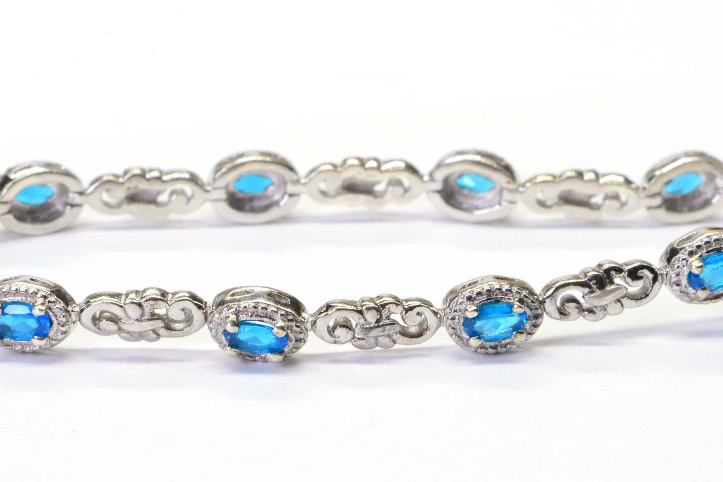 Neon Blue Apatite Sterling Silver Tennis Bracelet Chain Link  Gemstone Bracelet Vintage Jewelry