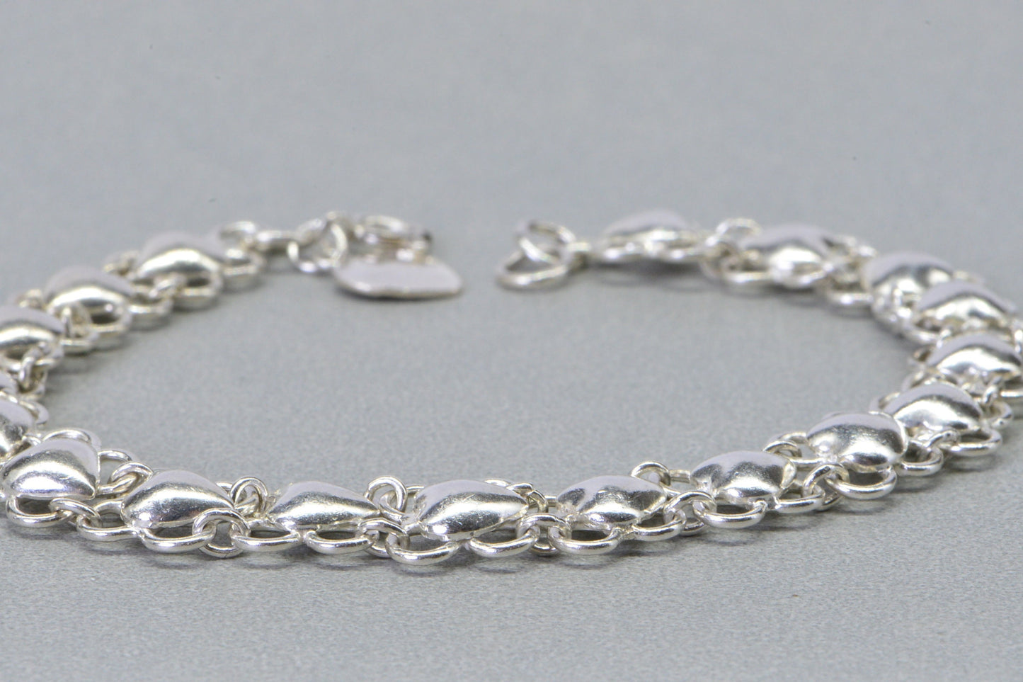 Sterling Silver Heart Bracelet - 7 Inch Filigree Chain Link