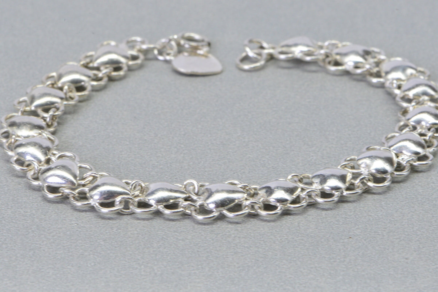 Sterling Silver Heart Bracelet - 7 Inch Filigree Chain Link