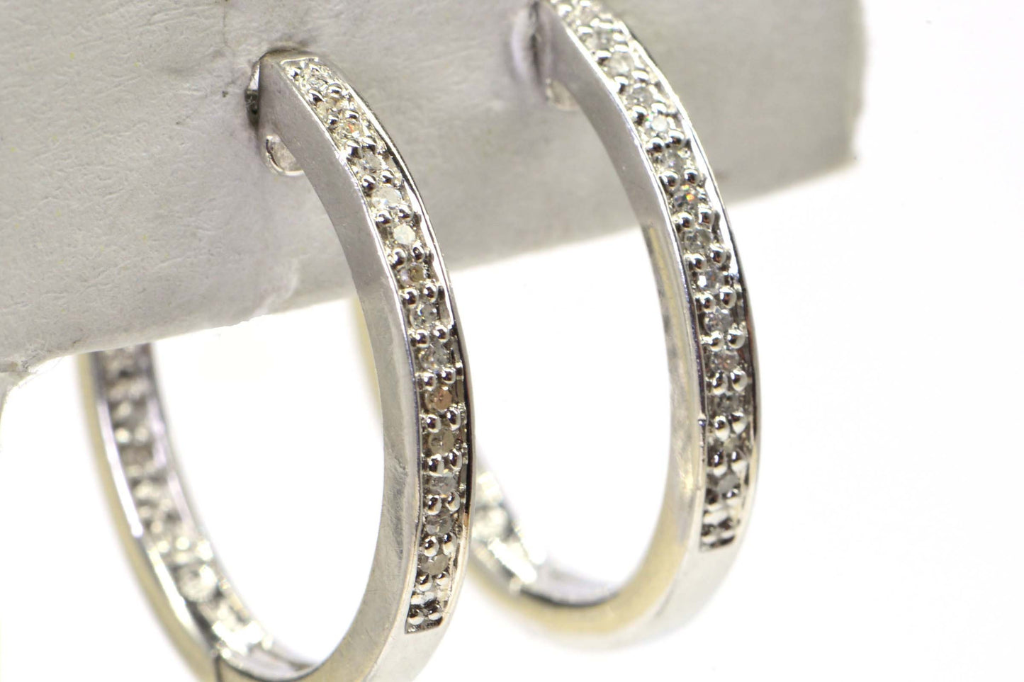 Vintage .25 Carat Diamond Hoop Earrings, Sterling Silver 1 inch