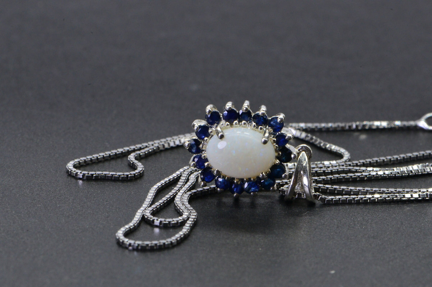 Australian White Opal Pendant Halo Sapphire Small Pendant Necklace 18 Inch Sterling Silver