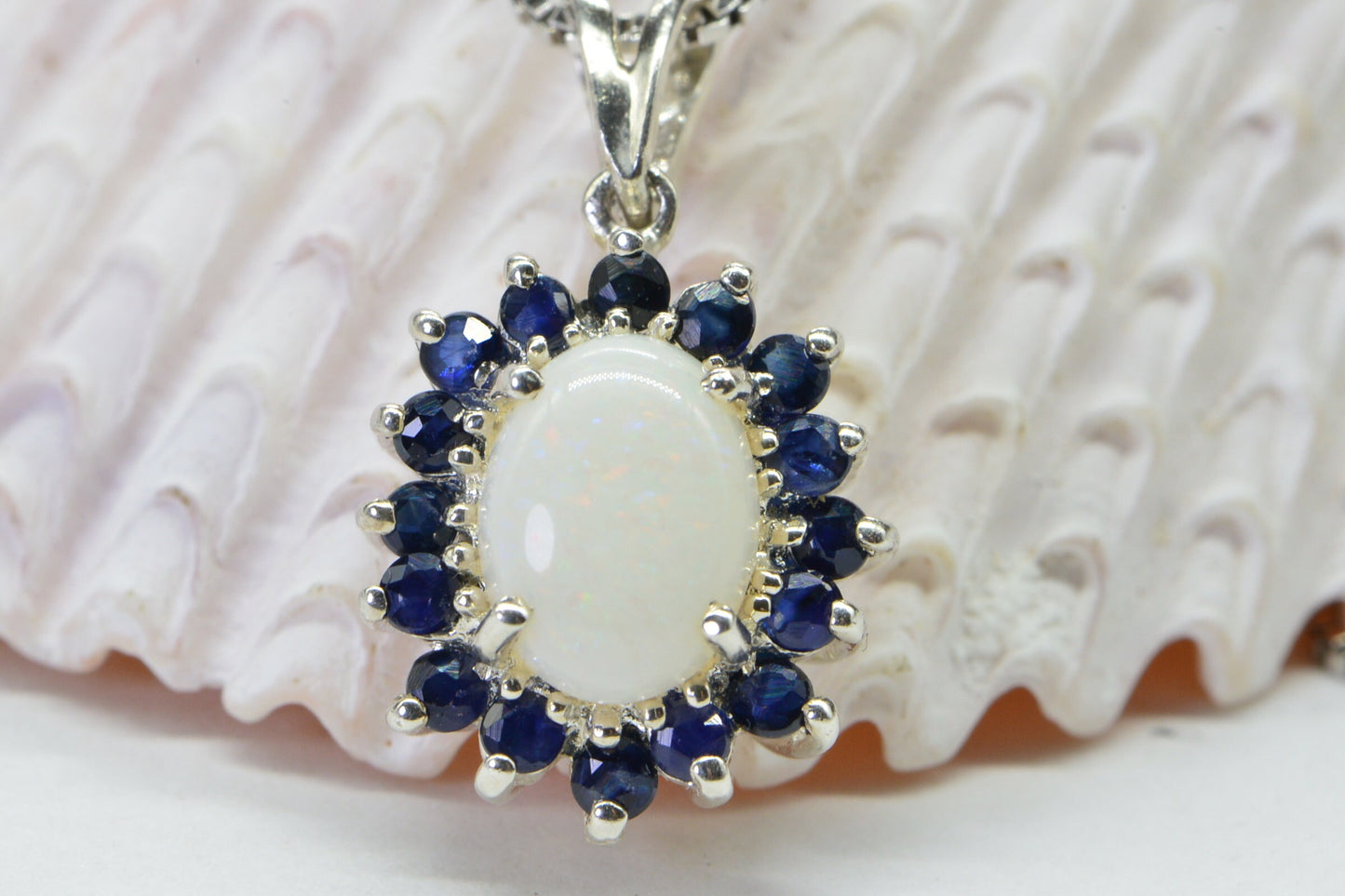Australian White Opal Pendant Halo Sapphire Small Pendant Necklace 18 Inch Sterling Silver