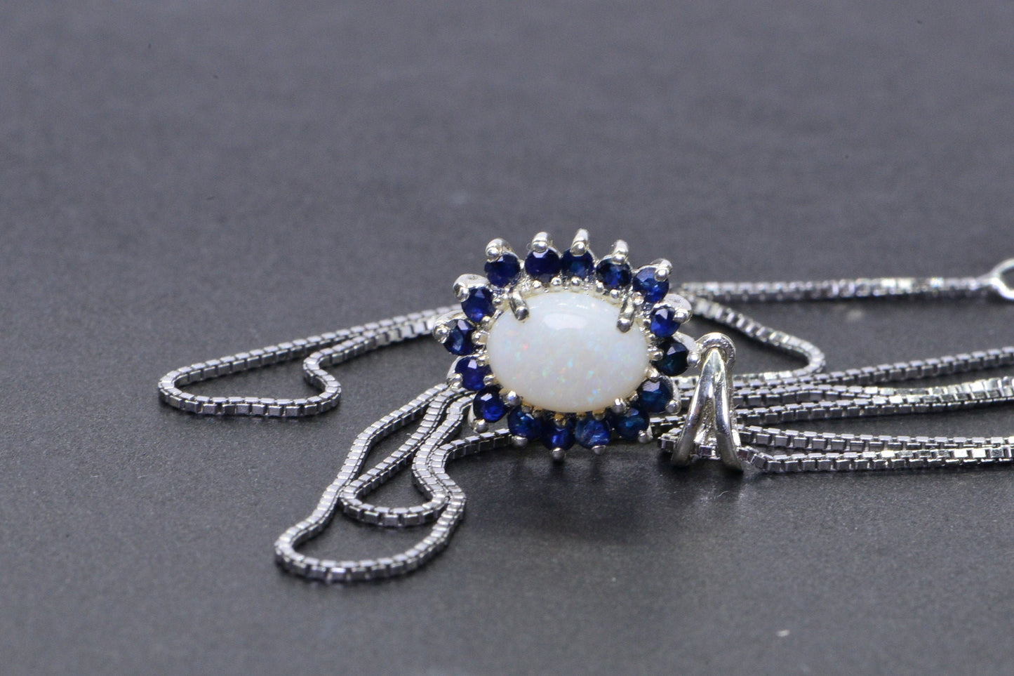 Australian White Opal Pendant Halo Sapphire Small Pendant Necklace 18 Inch Sterling Silver