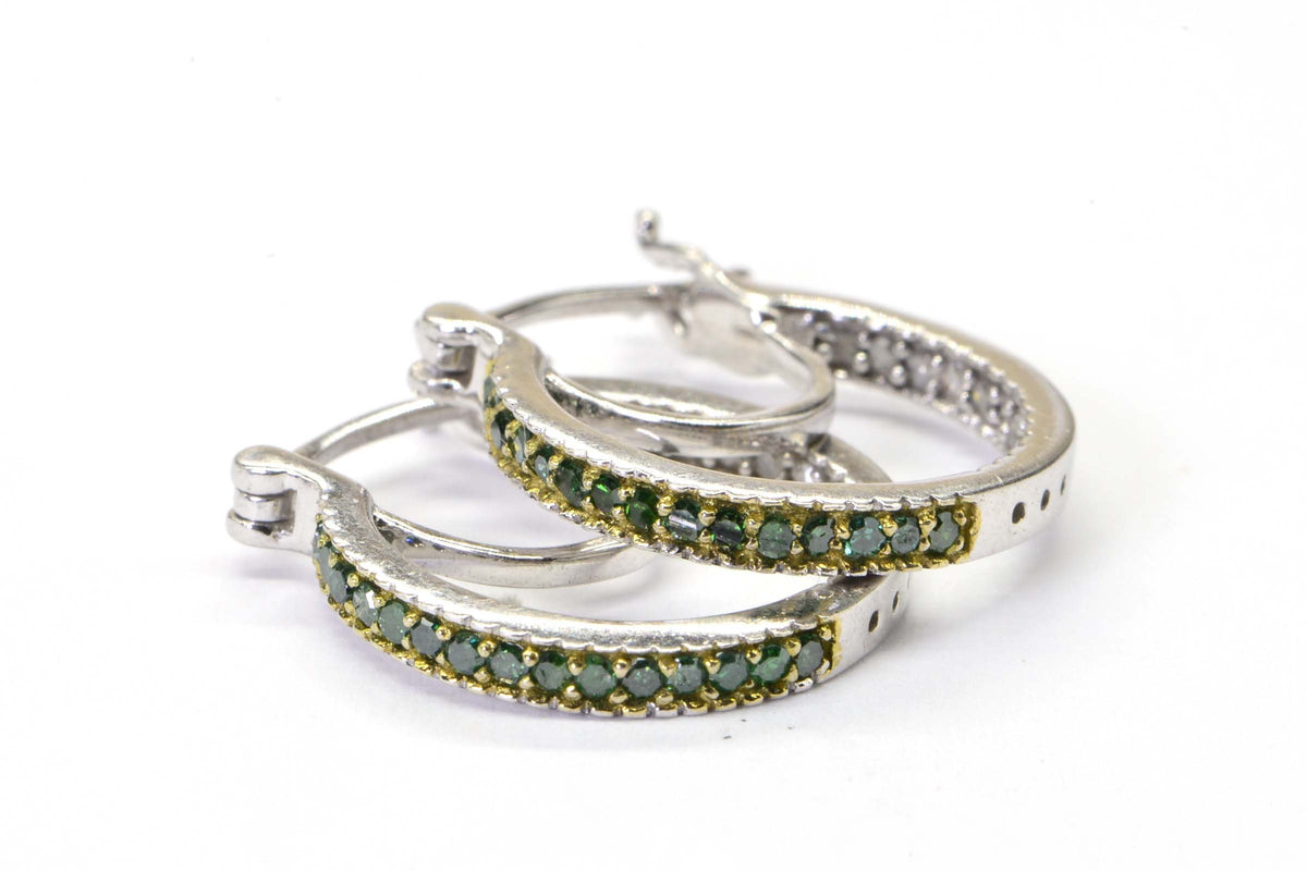 Green & White Diamond Hoop Earrings: Sterling Silver, 0.25 ct