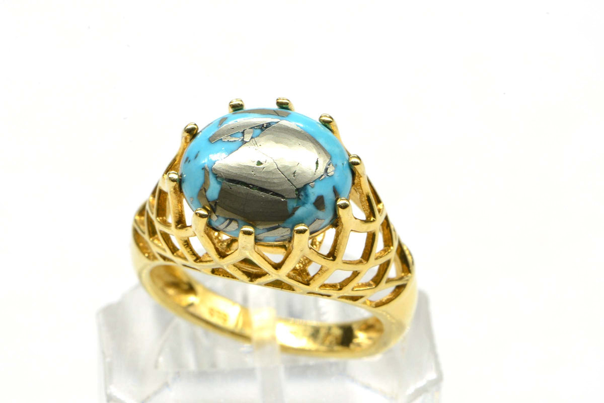 Turquoise Sleeping Beauty With Pyrite 14K yellow gold over sterling silver Rare Gemstone Ring