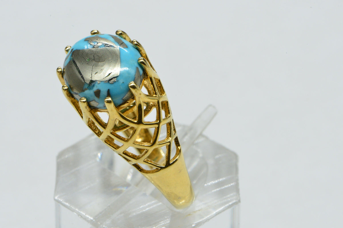 Turquoise Sleeping Beauty With Pyrite 14K yellow gold over sterling silver Rare Gemstone Ring
